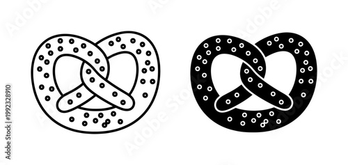 Pretzel icons, black and white vector pretzels, salty snack food, baked goods
