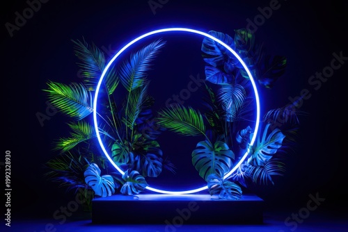 Neon lit circle with tropical leaves on dark background