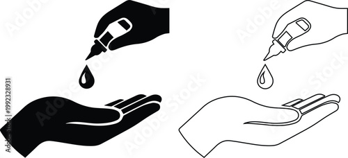 Silhouette and outline vector icon set showing a hand squeezing a liquid drop of hand sanitizer, antibacterial gel, or skincare serum into a palm for hygiene and health care.