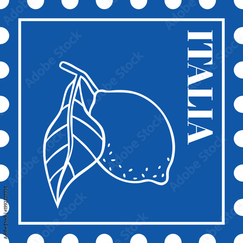 Postage stamp with lemon and wavy edges blue line art, lemon fruit with leaf, Mediterranean Italia poster vector design