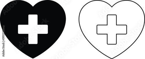 Heart medical cross icon set featuring black silhouette and outline symbols for healthcare, pharmacy, hospital emergency services, and medical aid sign representation.