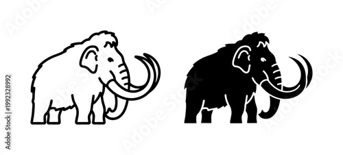 Bild auf Leinwand Woolly Mammoth Line Art and Solid Silhouette Icon Set
