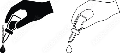 Professional silhouette icon set featuring a human hand holding a medical dropper bottle to dispense a liquid drop for eye care, essential oil treatment, and laboratory research