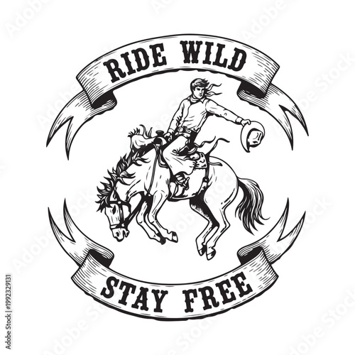 Black and white illustration of cowboy riding horse isolated on white background