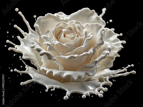 white rose surrounded by creamy splash on a dark background with elegant floral beauty and dramatic liquid motion