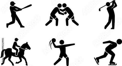Baseball batter wrestling players and golfer horse rider ball thrower ice skater icons