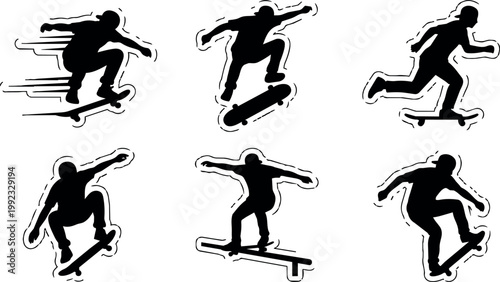 Black silhouette skateboarder jumping and riding in dynamic positions vector art