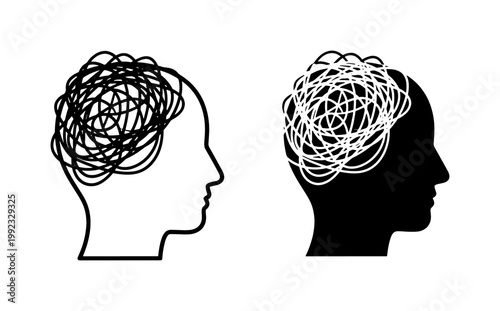 Human Head Silhouette with Tangled Mess Representing Mental Chaos