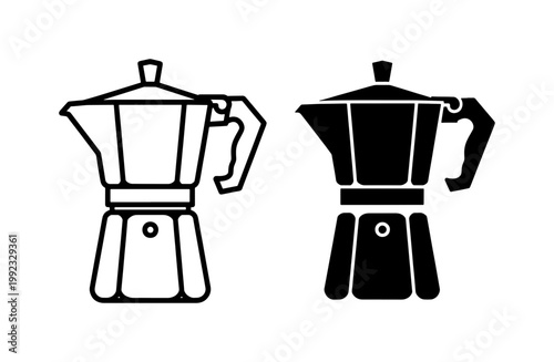 Moka pot icon set featuring outline and silhouette styles
