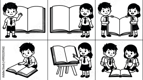 Schoolchildren with books reading learning and pointing