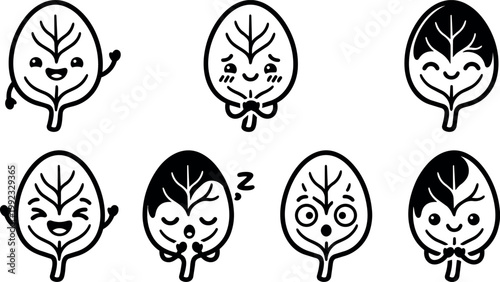 Black and white cartoon leaf characters showing different emotions vector art