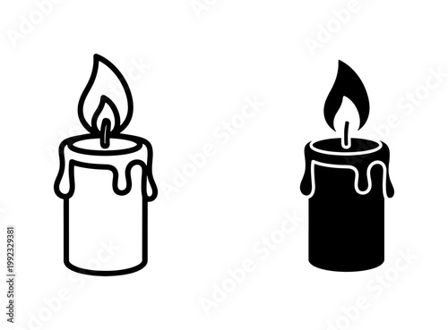 Burning Candle Icon Set with Melting Wax and Flame