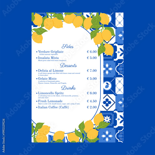 Mediterranean menu vector design, lemon groves and Amalfi tile blue ceramic mosaic floral pattern frame, dessert drink