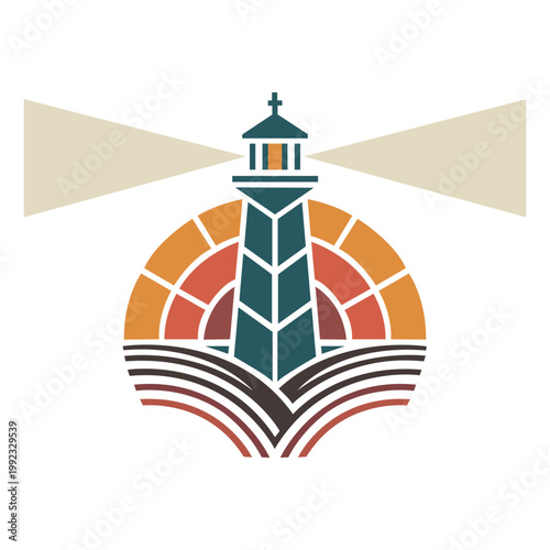 A red and white lighthouse tower stands as a beacon of navigation on a coastal island, an architectural vector illustration featuring a bright light over the blue sea and ocean waves