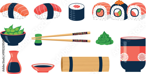 Japanese Sushi Vector Icon Set Featuring Nigiri, Maki Rolls, Salmon Sashimi, Edamame, Wasabi, Soy Sauce, Chopsticks, and Bamboo Mat for Restaurant Menu Designs