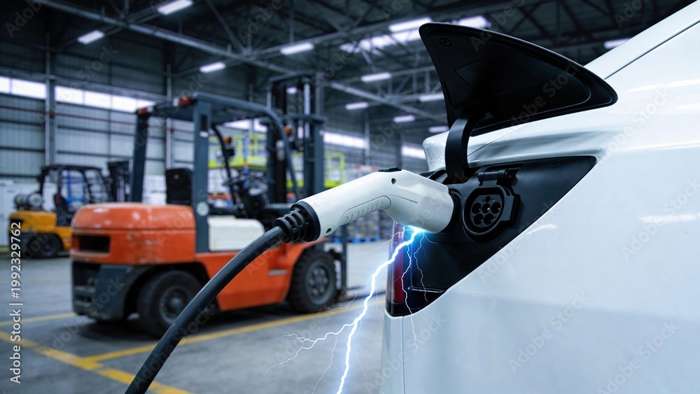 Fototapeta premium Electric vehicle charging station with a charging cable connected to a white car. Industrial background with forklifts and warehouse setting.