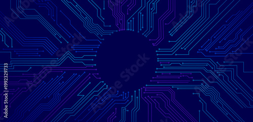 Circuit board, circuit lines and dots connected to circle frame, electronic engineering technology vector background
