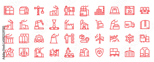 Factories web icons in line style. Production, technology, factory, industry power, manufacture. Vector illustration.