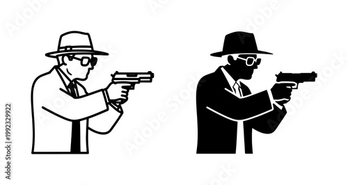 Secret agent silhouette holding handgun wearing fedora hat
