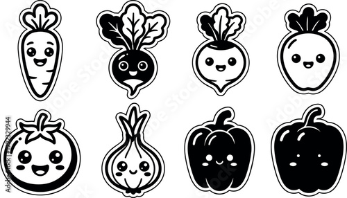 Black and white kawaii vegetable icons with smiling faces carrot beet radish apple tomato onion and pepper