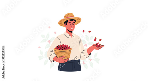 A cheerful farmer wearing a traditional straw hat holds a woven basket overflowing with ripe red coffee cherries while tossing some into the air playfully.