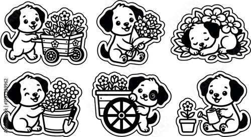 Black and white line art puppies with flowers in various gardening scenes