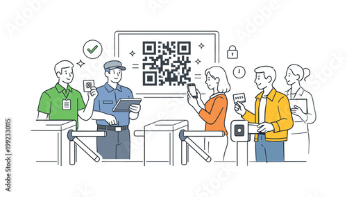 Identity check access control scenario showing staff and visitors validating entry permissions in a workplace or facility, with a barrier gate and a single QR code symbol