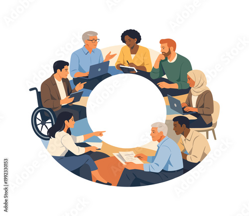 A diverse group of professionals collaborating in a shared workspace, contributing different perspectives and experiences to achieve a common goal, representing inclusion