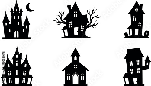 Black silhouette spooky haunted houses with crescent moon and gravestones vector art