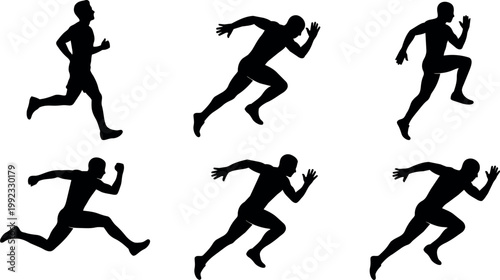 Black silhouette runners in different sprinting poses vector art collection