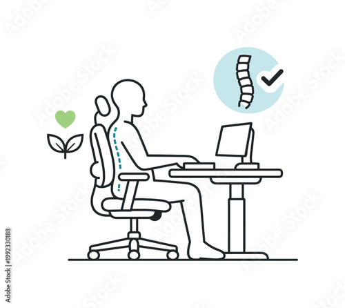 Office ergonomics focused on creating a healthy and comfortable workspace for improved productivity and reduced strain, a seated human figure at an adjustable chair with