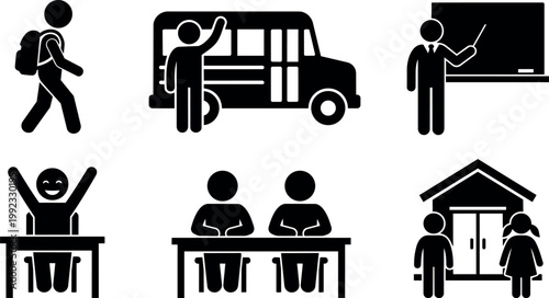 Black and white school student bus teacher classroom vector art icons