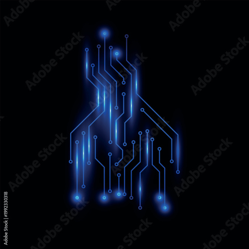 Abstract blue glowing circuit lines and nodes, circuit board component, computer processor CPU vector digital technology