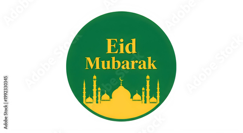 Eid Mubarak greeting card with mosque silhouette and green yellow colors transparent background