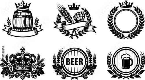 Black and white beer barrel crests with crowns and hops wreaths vector art