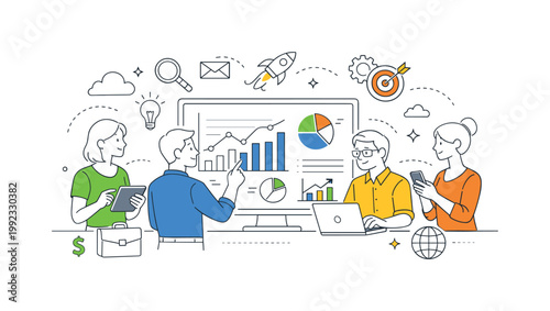 Individuals leveraging technology to analyze data, communicate, and drive business growth in everyday professional activities, visualized with a metaphor of a central