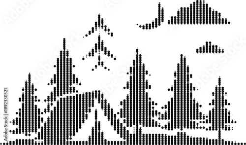 Forest landscape with mountains and birds in halftone dot style vector graphic collection.