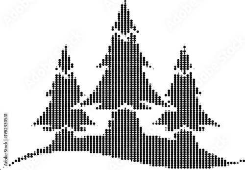 Mountain range with pine forest halftone vector illustration isolated on plain background.