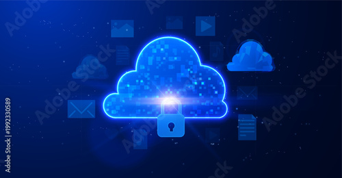 Cloud computing with lock and interface icons, vector abstract internet storage security and cybersecurity system