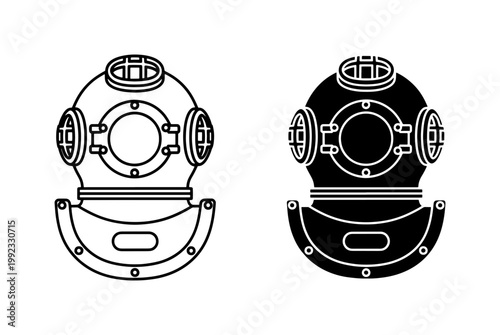 Vintage Deep Sea Diver Helmet Outline and Silhouette Set