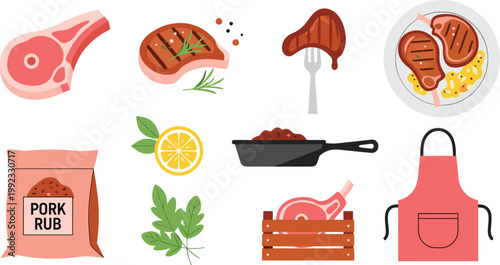 Premium Pork Chop and BBQ Grilling Vector Icon Set Featuring Raw Meat Cuts, Grilled Chops with Rosemary, Pork Rub Spice Bag, Apron, Lemon, and Cast Iron Skillet