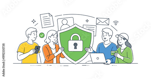 Individuals safeguarding personal and sensitive information while using digital services in everyday life, illustrated through a clear metaphor of a shield protecting