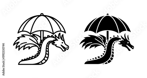 Dragon holding umbrella black line art icon set