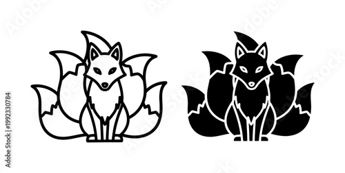 Nine Tailed Kitsune Fox Mythical Creature Line Art Silhouette