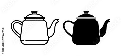 Vintage Teapot Outline and Solid Silhouette Vector Icons