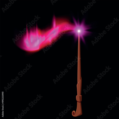 Wooden magic wand with pink glowing, miracle stick with sparkle ray lights, wizard weapon rod fantasy game asset stuff