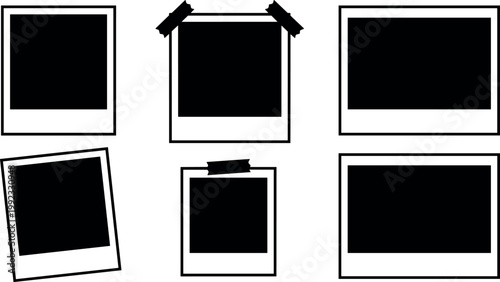 Black and white polaroid photo frames with tape and tilted angles vector art