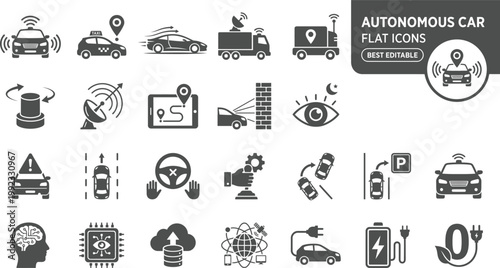 Autonomous Car Solid Icons for Self Driving Technology Smart Transport featuring Electric Vehicle Sensor Navigation Automation Future Professional Vector Set Editable