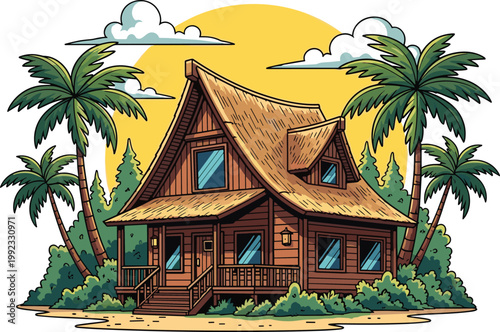 Tropical wooden beach house with palm trees vector illustration
