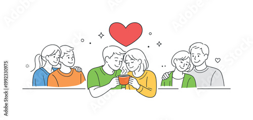 Romantic relationship moment between two people expressing affection and emotional connection in a calm setting, represented by a simple heart shape and a shared cup of